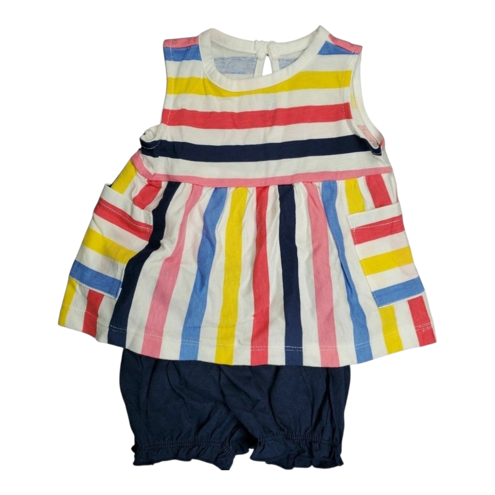 Colorful Striped Baby Dress with Navy Bloomers